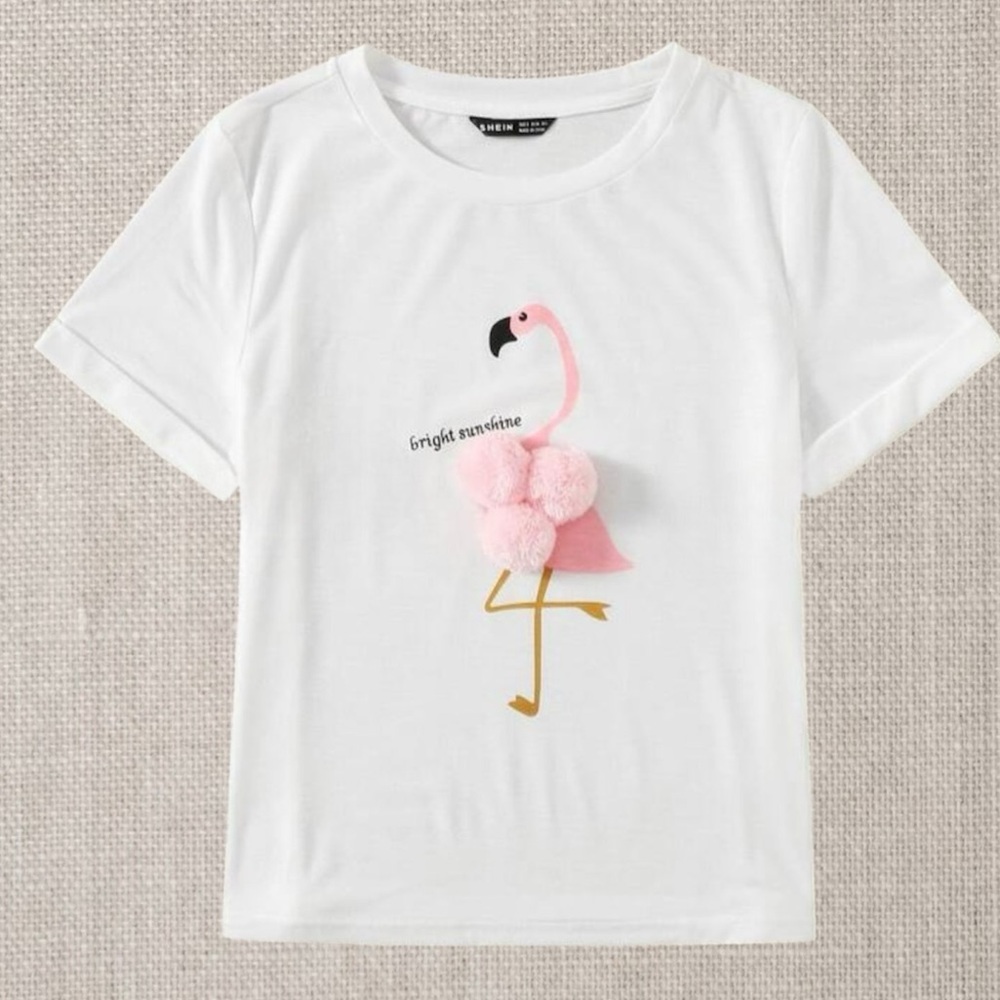 Flamingo pom-pom T-shirt top bright sunshine pink white tropical vacation S XS 4